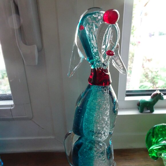 8" Vintage Murano Blue and Clear Glass Dog with Silver Flakes and Red Nose - Picture 13 of 16